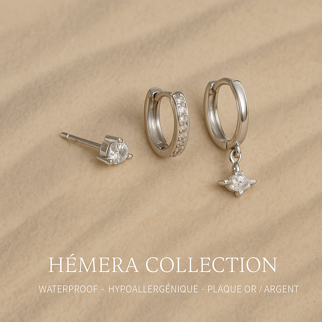 Boucles La Baby Diamond trio doré ou argenté zircon waterproof & hypoallergéniques HÉMÉRA