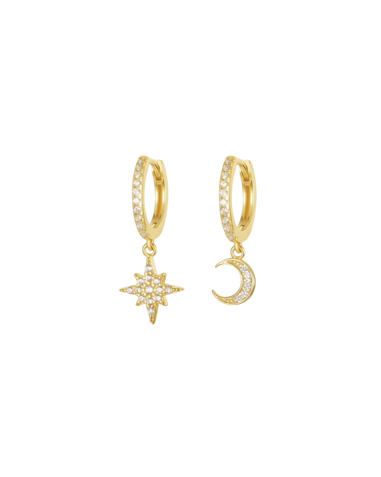 Boucles La Wish asymétriques lune et étoile en zircon waterproof & hypoallergéniques HÉMÉRA
