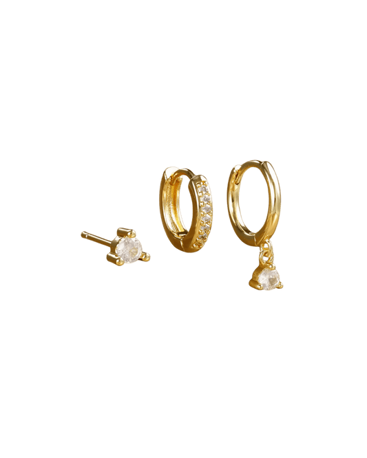 Boucles La Baby Diamond trio doré ou argenté zircon waterproof & hypoallergéniques HÉMÉRA