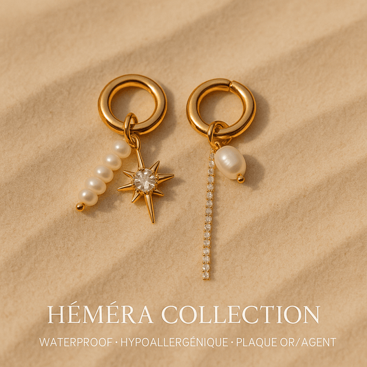 Boucles La Lumessence asymétriques avec perles, étoile solaire et zircon waterproof & hypoallergéniques HÉMÉRA