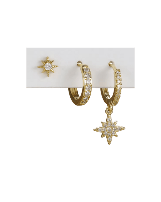 Boucles La Tri Star dorées ou argentées avec trois étoiles scintillantes waterproof & hypoallergéniques HÉMÉRA