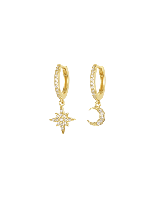 Boucles La Wish asymétriques lune et étoile en zircon waterproof & hypoallergéniques HÉMÉRA